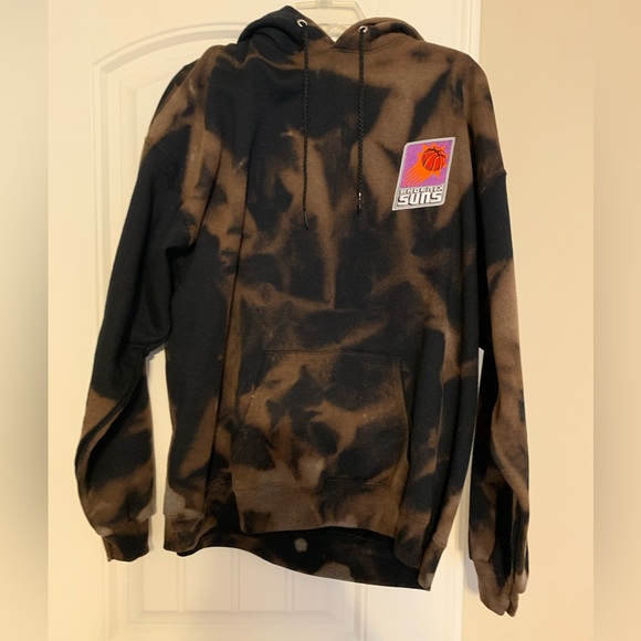 CUSTOM Hanes Men’s EcoSmart Black Bleached Hooded Sweatshirt Retro Suns Patch XL - Picture 2 of 5